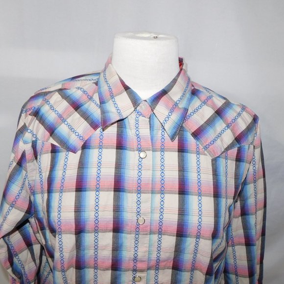 WRANGLER Womens L Pink Blue White Western Pearl Snap Shirt - Picture 3 of 14